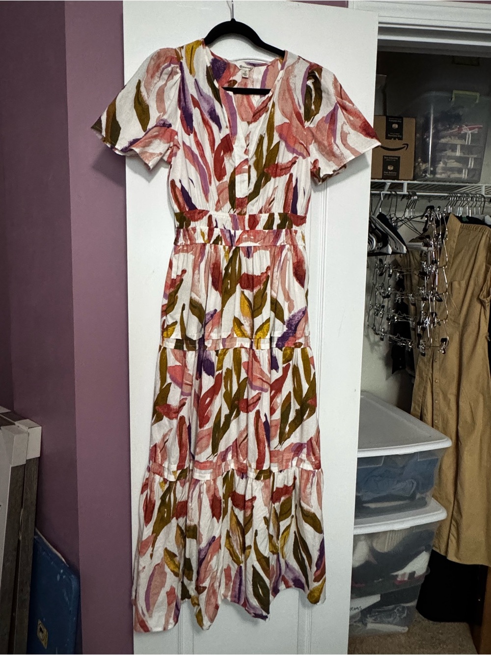 Versona White Maxi Dress with Pink, Olive & Purple Leaf Print
